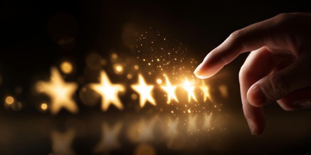 Hand touching the fifth star in a row of glowing stars.