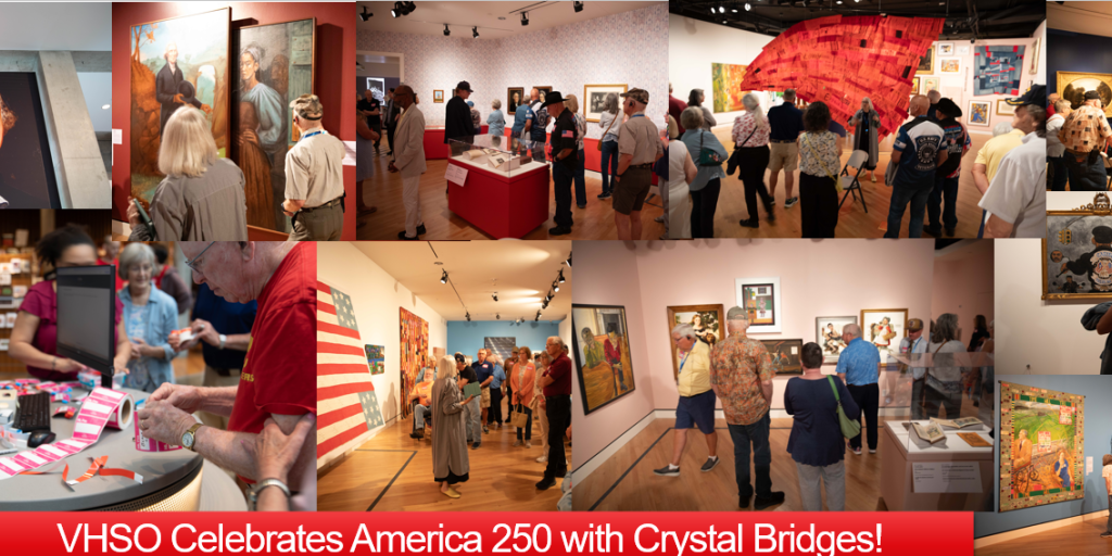 Collage of people at an art gallery with paintings and decorations.