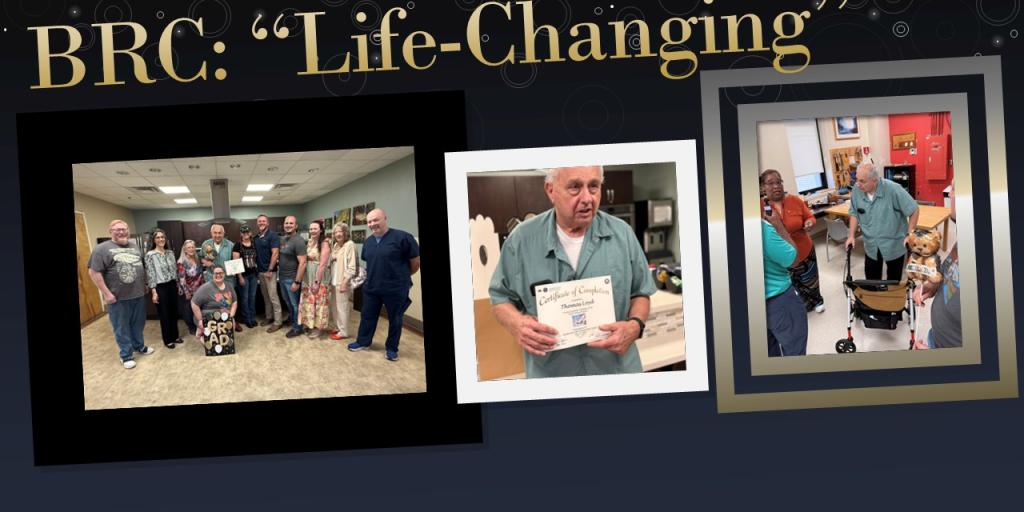 Graphic with text "BRC: Life-Changing" and photos of people receiving certificates.