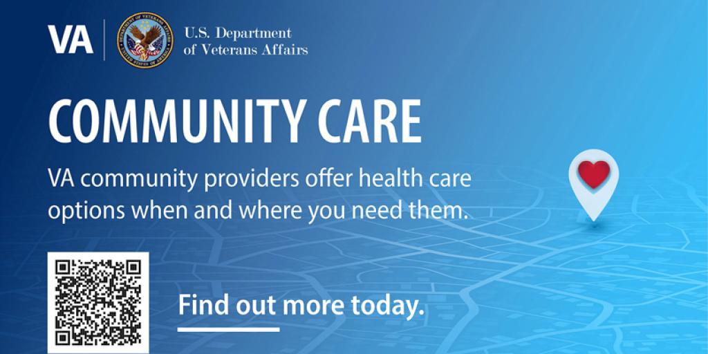 "Community Care" text, heart icon, and QR code on blue background.