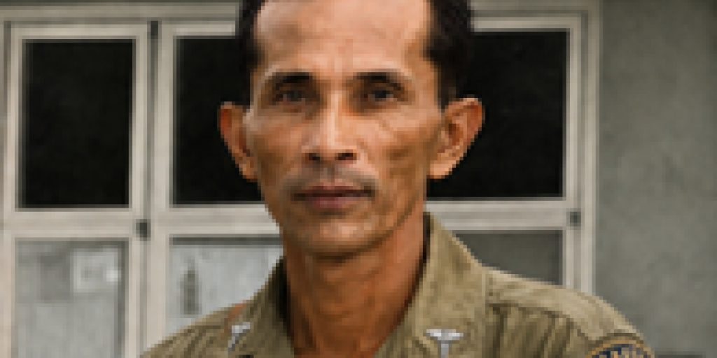 Soldier in green uniform with red cross armband stands in front of building.