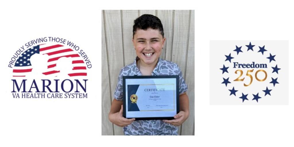 Smiling person with framed certificate, logos for Marion and Freedom 250.