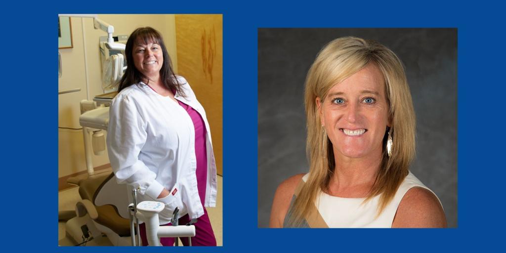 Two headshots: one woman in a dental office, another smiling.