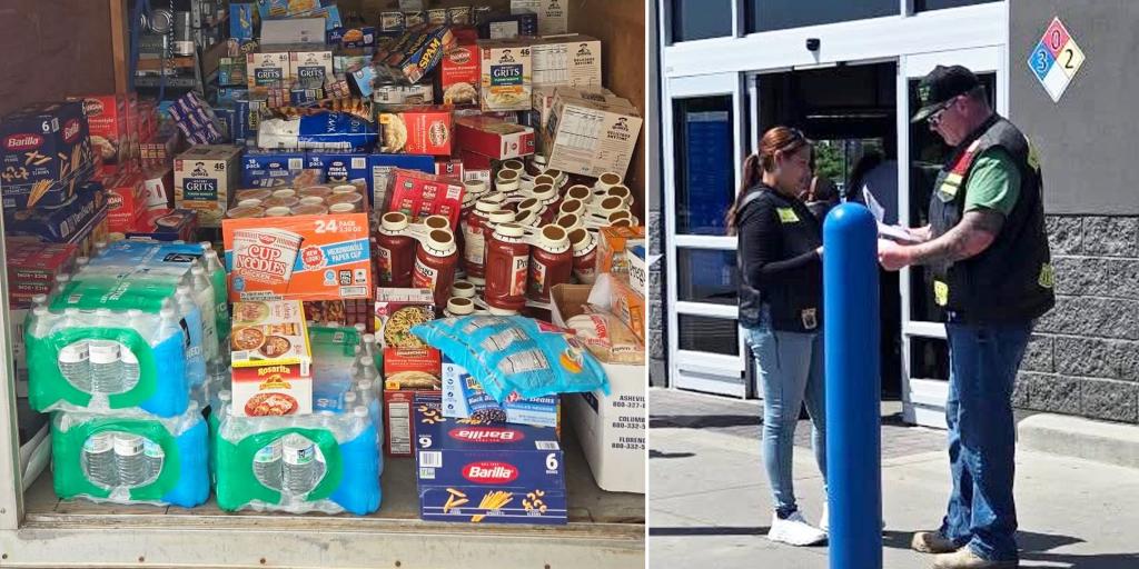 Collage of food donations and volunteers at a store.