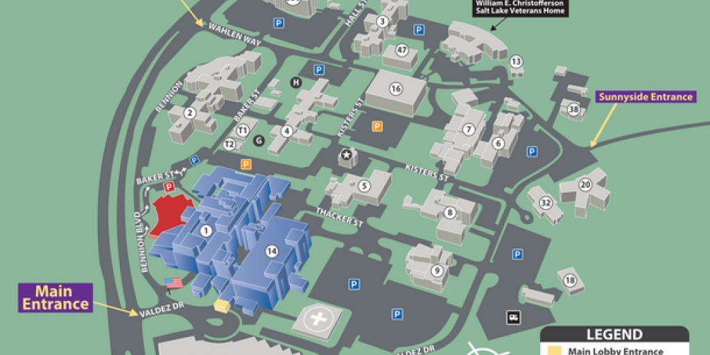 Map of George E. Wahlen VA Medical Center campus with main entrance, parking garage, and buildings. Legend indicates areas like emergency rooms and parking.