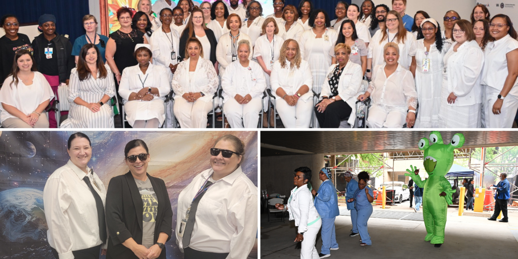 Collage of healthcare workers: group in white uniforms, trio in formal wear, and four in scrubs with an alien mascot.