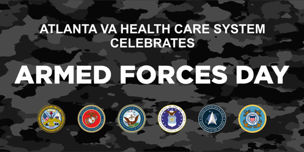 Atlanta VA Health Care System celebrates Armed Forces Day with camouflage background and branch logos.