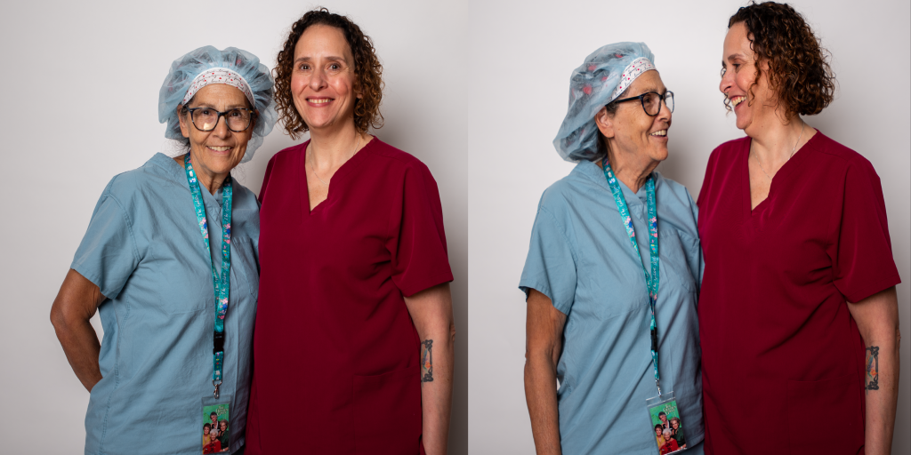 Collage of two images: three women in scrubs smiling, one in red, two in blue.
