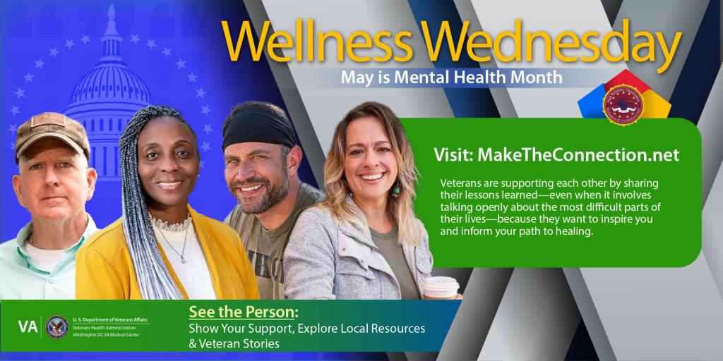 Four smiling people and text "Wellness Wednesday" for Mental Health Month.