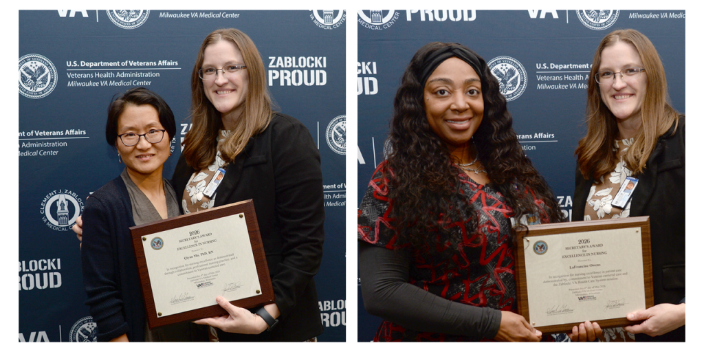 Two photos of women holding awards, smiling, in front of a branded backdrop.