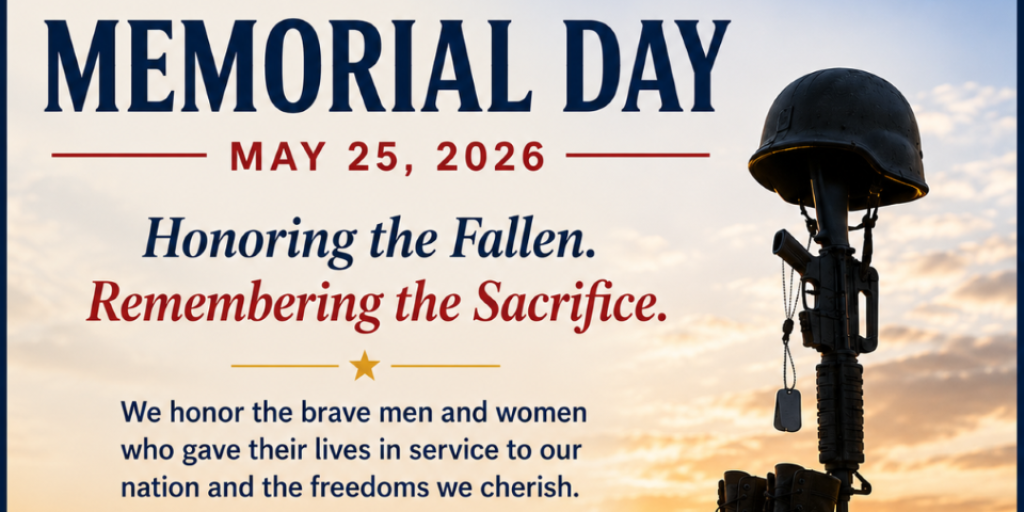 Memorial Day poster with helmet, boots, and sunset. Text: Honoring the Fallen. Remembering the Sacrifice.