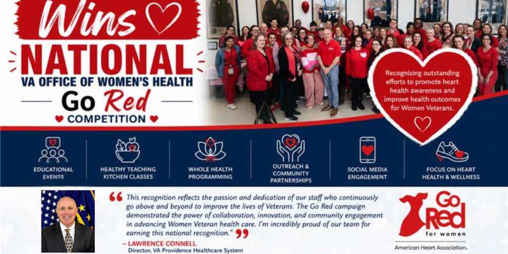 Poster for VA Providence winning national Go Red competition with group photo, logos, and quote.