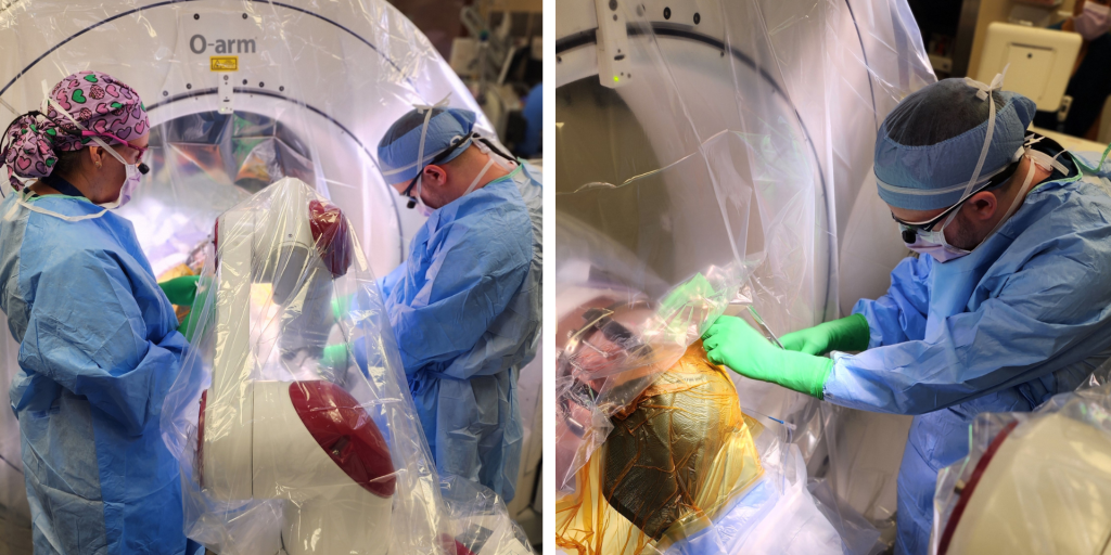 Two photos of medical staff performing surgery in a hospital.