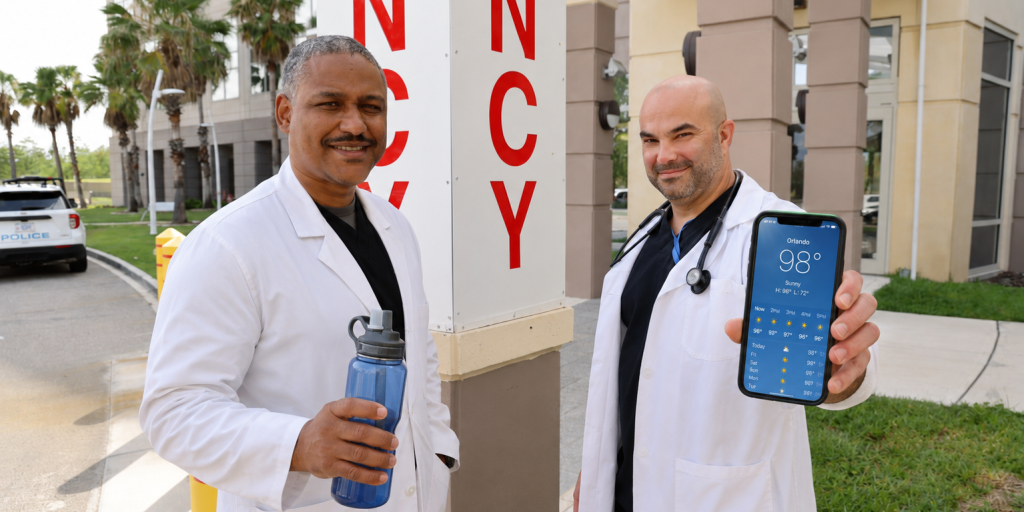Two doctors in white coats holding a smartphone outside a hospital.