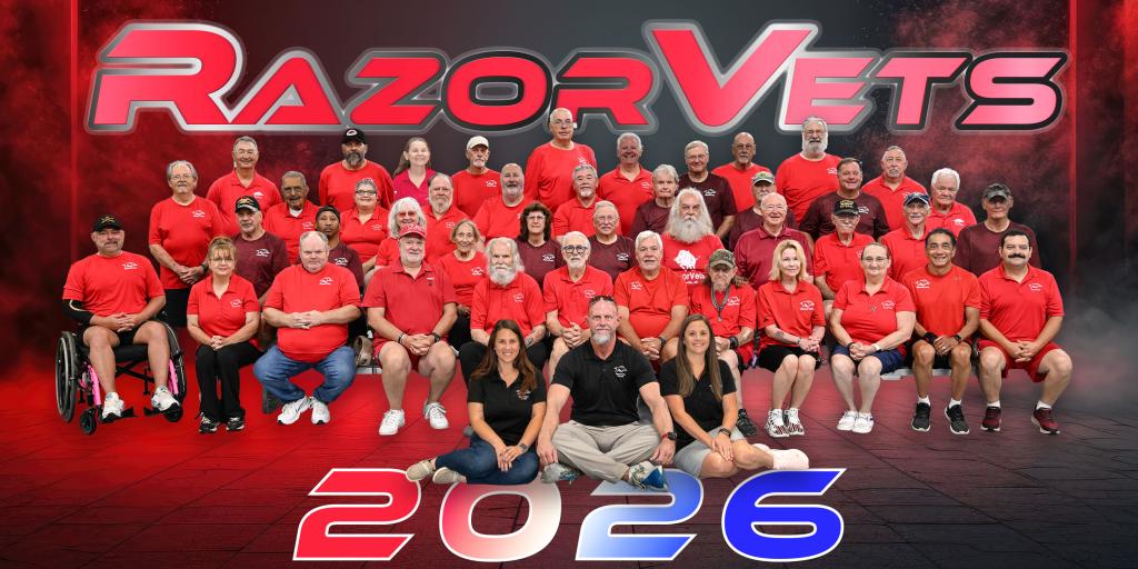 Razor Vets 2026 group photo with participants in red shirts and one in black.