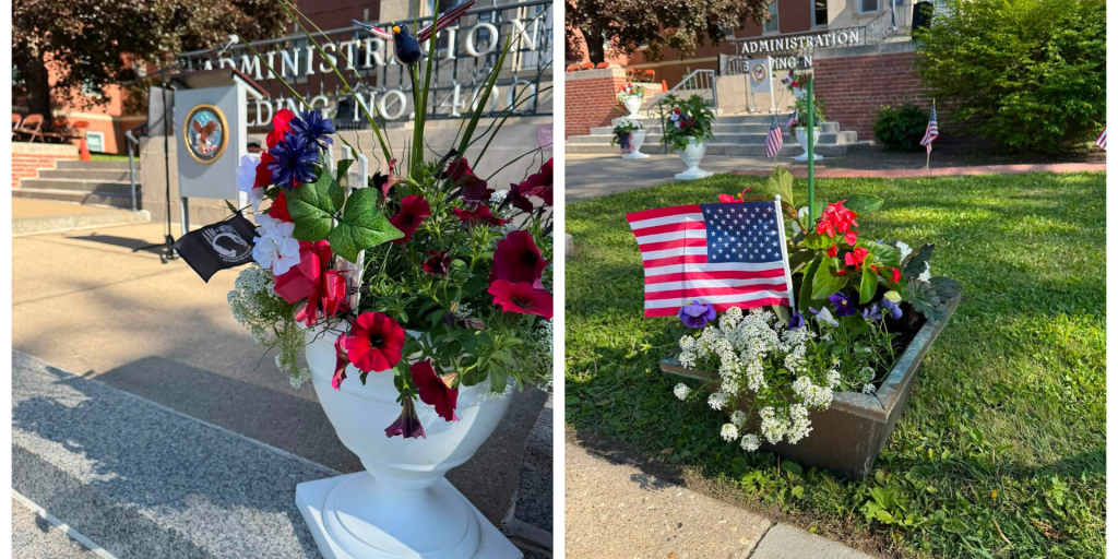 Collage of two photos: one of a flower arrangement in a white vase, another of flowers with an American flag.