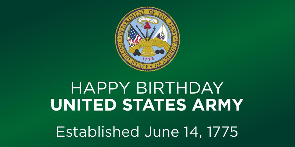 Happy Birthday United States Army graphic with logo on green background.