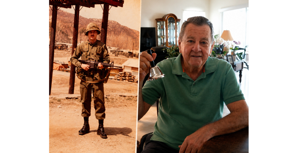 Soldier in uniform and older man in green polo.