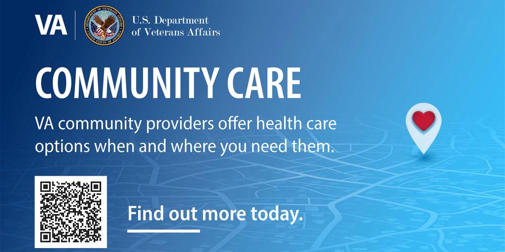 Graphic with text: "VA Community Care" and QR code.