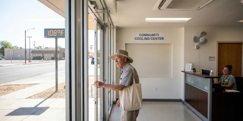 Elderly man wearing hat opens door of community cooling center.