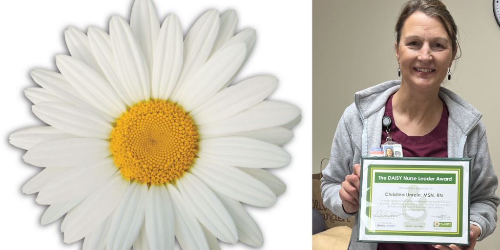 Hutchinson CBOC Nurse Manager Christina Unrein with her leadership award and the DAISY logo.