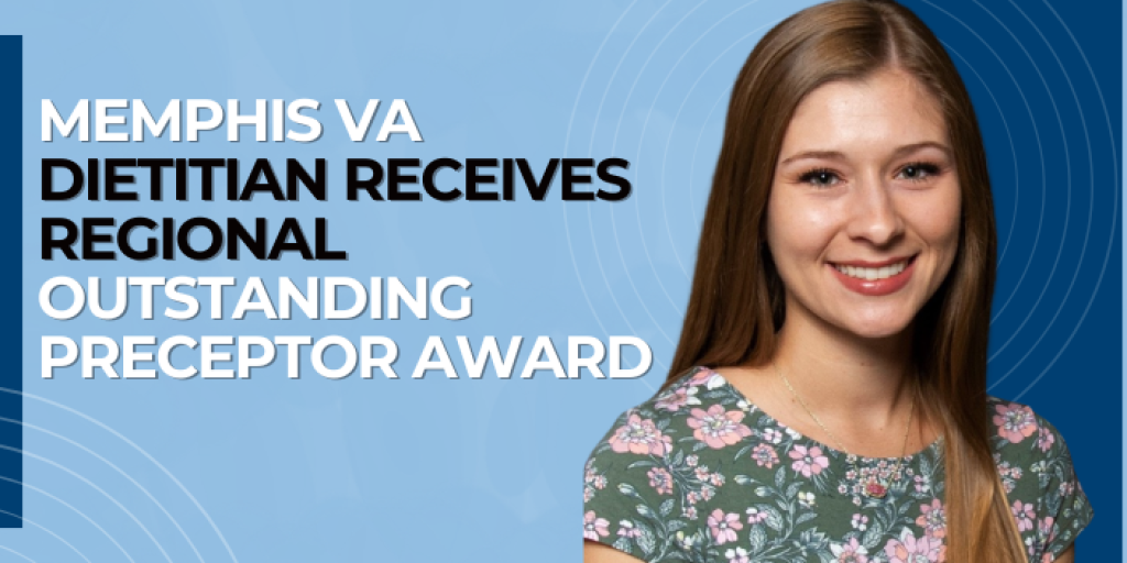 Memphis VA Dietician smiles with award text on blue background.