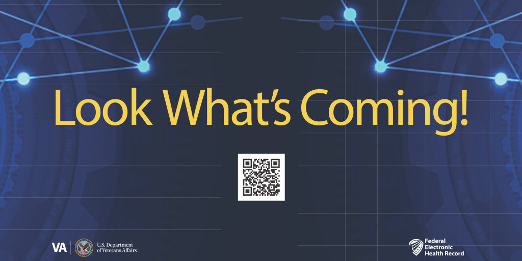 Blue digital graphic with text "Look What's Coming!" and a QR code.