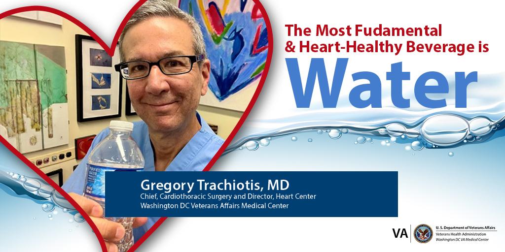Graphic of heart with Dr. Gregory Trachiotis holding a bottle of water.