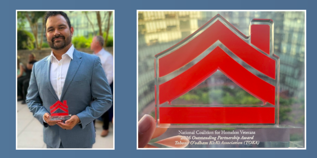 Man in suit holding small award with red house logo and separate image of the award.