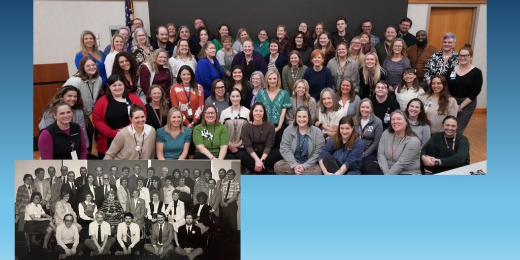 Two collages of group photos of women from different eras.