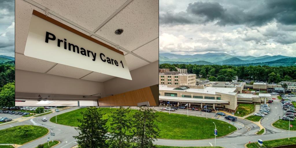 Primary Care sign and aerial view of hospital with mountains in background.