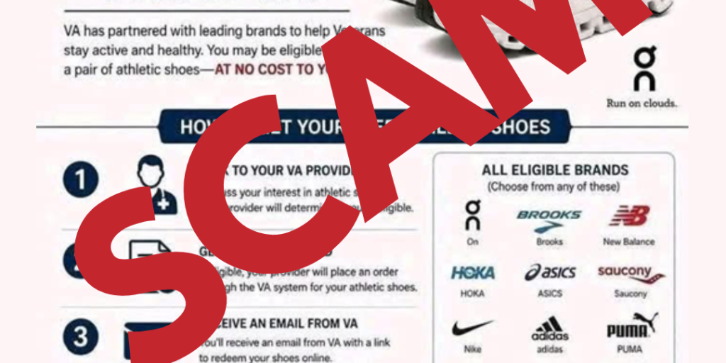 Poster warns about "GET FREE ATHLETIC SHOES FROM VA!" scam with crossed-out text and red "SCAM" overlay.