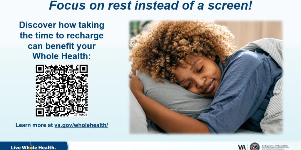 A woman with curly hair sleeping on a pillow with a QR code and text.