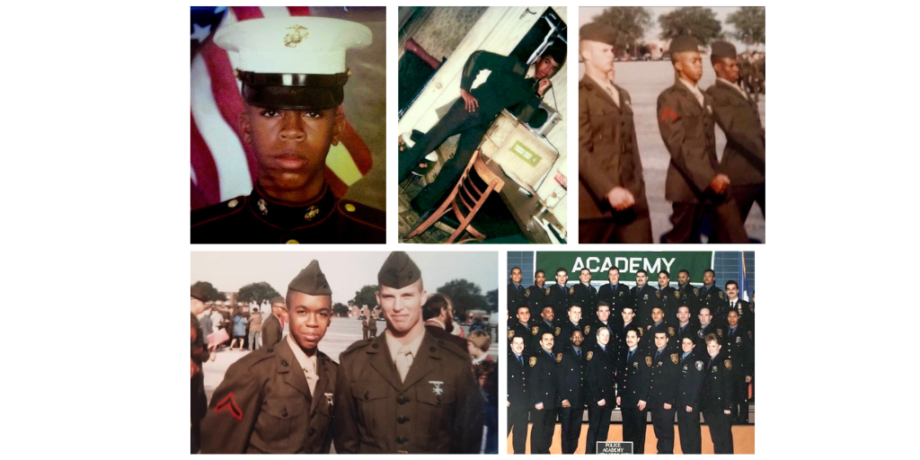 Collage of military photos, including a soldier in uniform, a graduation ceremony, and a group photo.