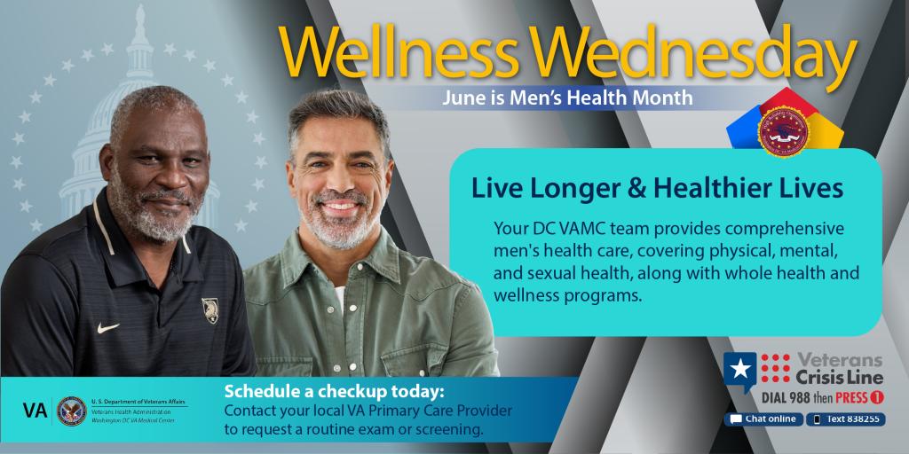 Two men smiling, promoting Wellness Wednesday event.