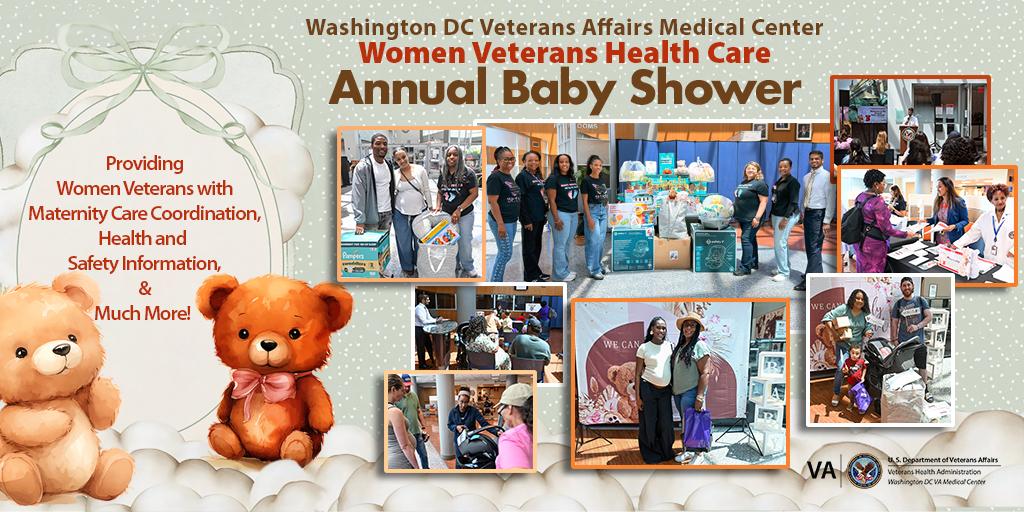 Collage of photos from Women Veterans Health Care Annual Baby Shower with text and teddy bears.