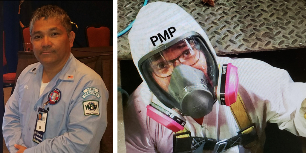 Man in blue shirt and another in protective gear with mask.