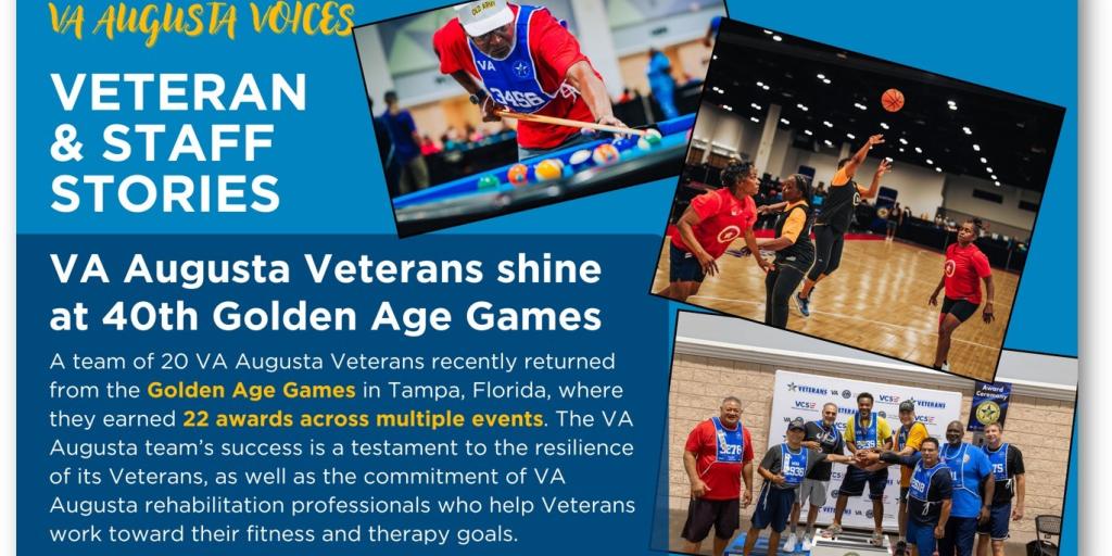 Poster for VA Augusta Veterans' success at 40th Golden Age Games with photos of veterans playing sports.