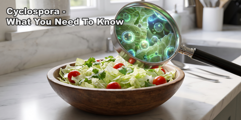 Graphic of magnifying glass over bowl of salad with text "Cyclosporiasis: What You Need To Know"