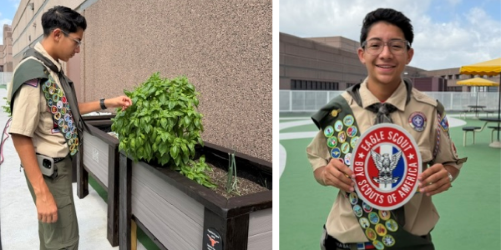 Boy Scout planting basil in planter and posing with merit badges.