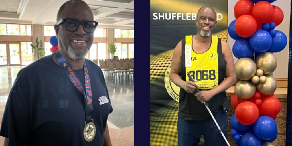 Two photos of a man: one smiling with a medal, the other posing with a cane