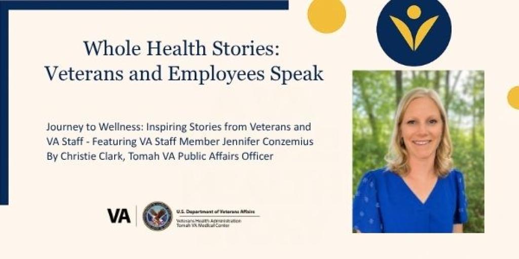 Whole Health Stories: Veterans and Employees Speak graphic with a smiling woman in blue.