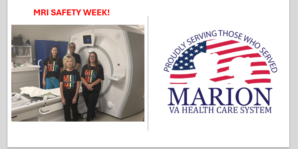 Group photo of staff with MRI machine and Marion VA Health Care System logo.
