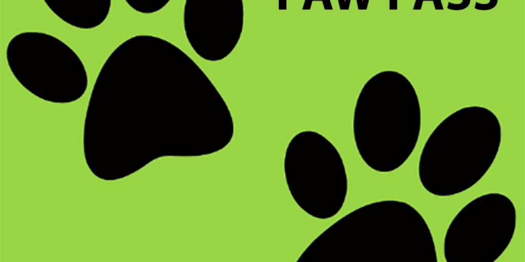 Two black paw prints and "PAW PASS" text on green background.