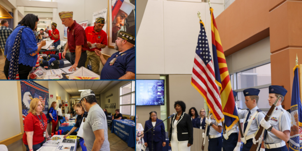 Collage of photos showing veterans at an event.