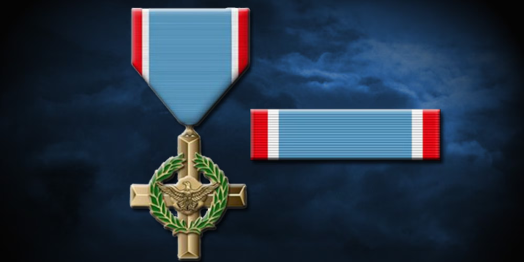 Gold cross medal with blue, white, and red ribbon and matching ribbon bar.