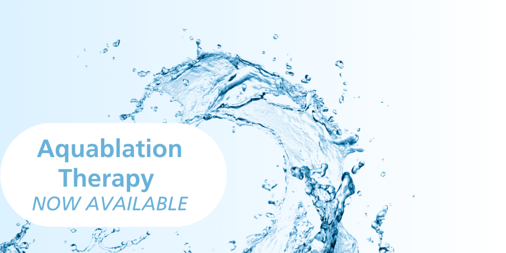 Water splash with "Aquablation Therapy NOW AVAILABLE" text.