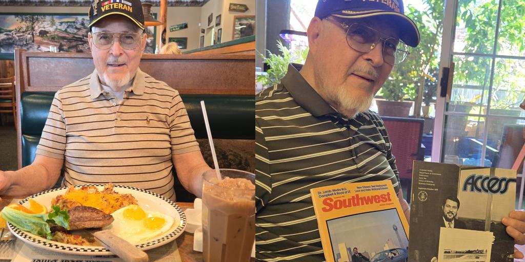 Collage of an older man eating and another holding a book.