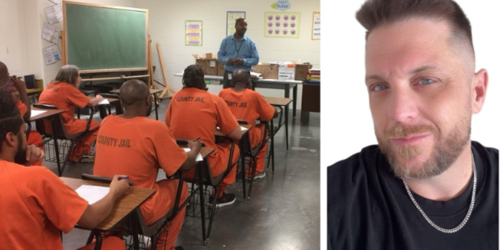 Inmates attend a class in prison & portrait of Jerry Butler.
