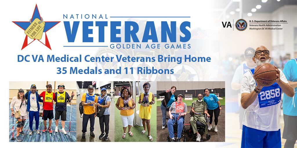 Collage of veterans in sports attire with text "National Veterans Golden Age Games".